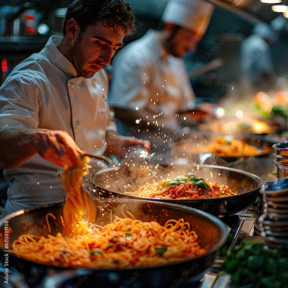 Group of chefs in the kitchen, cooking pasta with many ingredients and colorful vegetables. inside the kitchen at the hotel restaurant. The scene is illuminated by bright lights from above. Group of chefs in the kitchen, cooking pasta with many ingredients and colorful vegetables. inside the kitchen at the hotel restaurant. The scene is illuminated by bright lights from above.
