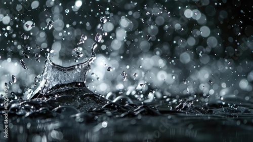 A close up of rain drops falling into a puddle, capturing the beauty of water and reflecting the natural landscape like grass and terrestrial plants AIG50 photo