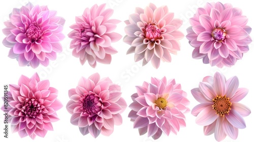 eight pink dahlias, flowers on a white background, vector images, 3d flowers, flowers for stickers, flower stickers set © Business Pics