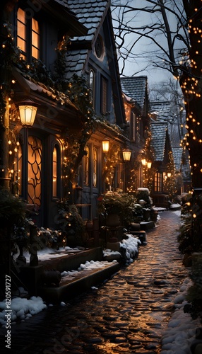 Cobblestone street with christmas decorations in Montreal, Canada