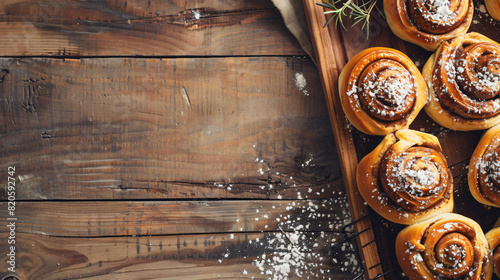 Tray with sweet cinnamon buns on wooden table