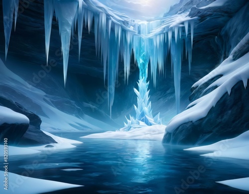 A stunning ice cave with a striking crystal formation under a luminous crevice  reflecting on the icy surface below.. AI Generation