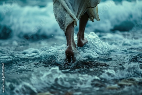 Jesus walking on water across the sea during a storm. Back view. Biblical theme. Religious concept.