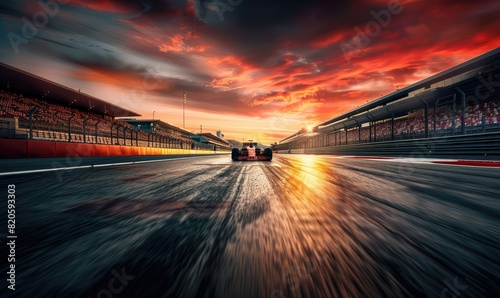 Hyperfocus of a Formula One car in the distance  crossing the finish line at sunset with grandstands on both sides with motion blur. Championship event concept.