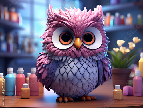 Cute cartoon owl sitting in front of shelves with cosmetic products. photo