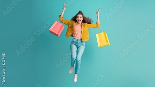 Enthusiastic young woman jumps happily with shopping bags, expressing joy and excitement on a vibrant blue background. Her dynamic, fashionable style radiates a carefree and modern attitude