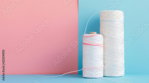 Two white thread spools on color background