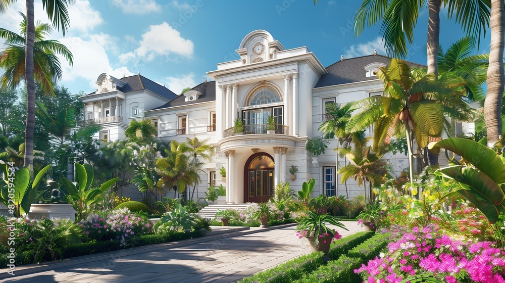 A breathtaking luxury mansion with a colonial-style design, featuring a white facade, grand portico entrance, and lush gardens filled with blooming flowers and exotic plants.