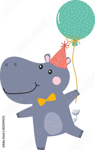 Cute hippo with balloon illustration vector
