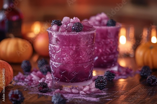A velvety purple drink, suggesting a fusion of blueberries and blackberries. Floating chia seeds and a sprig of lavender add texture and a hint of luxury