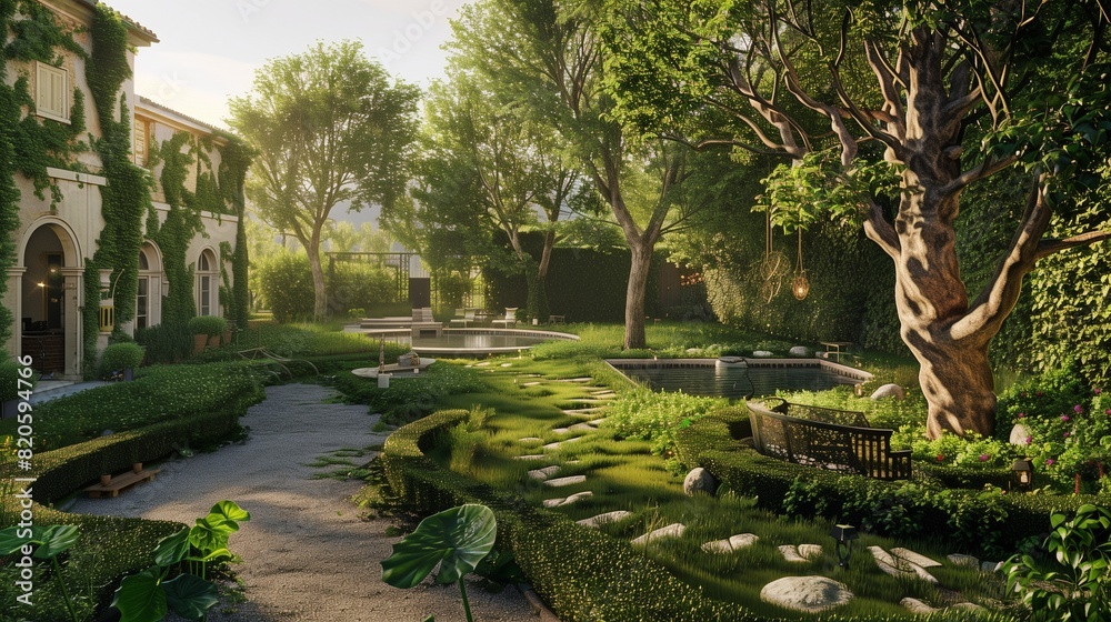 A charming European villa with ivy-covered walls and a sprawling garden, featuring a tranquil pond, winding pathways, and a canopy of trees, creating a serene retreat. A charming European villa with ivy-covered walls and a sprawling garden, featuring a tranquil pond, winding pathways, and a canopy of trees, creating a serene retreat.