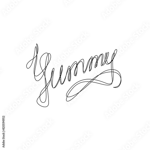 Yummy calligraphic inscription hand lettering continuous line drawing, design template. Creative typography for small tattoo, print for clothes greeting card, gift poster, banner  (ID: 820594952)