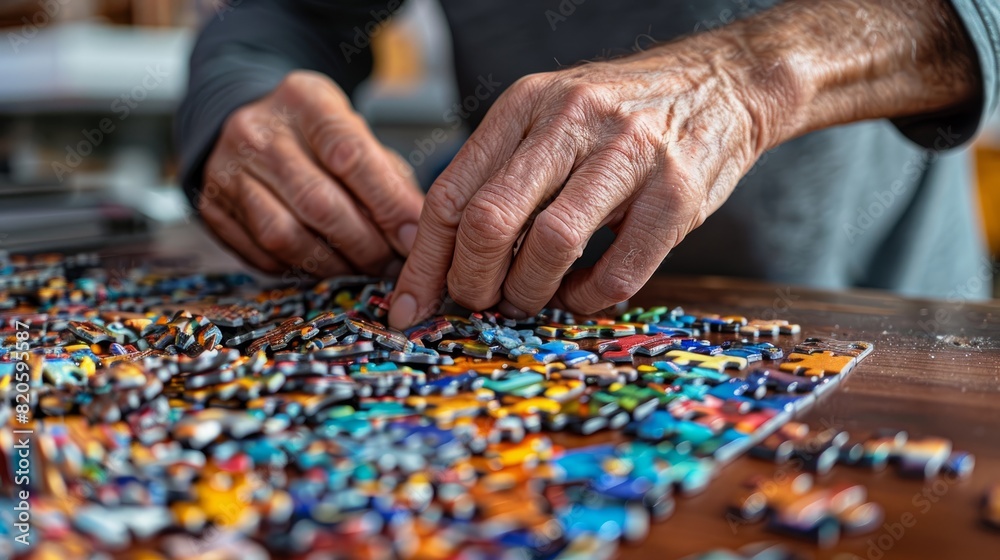 Close-up view of elderly hands piecing together a colorful jigsaw puzzle, showcasing patience, focus, and cognitive engagement.