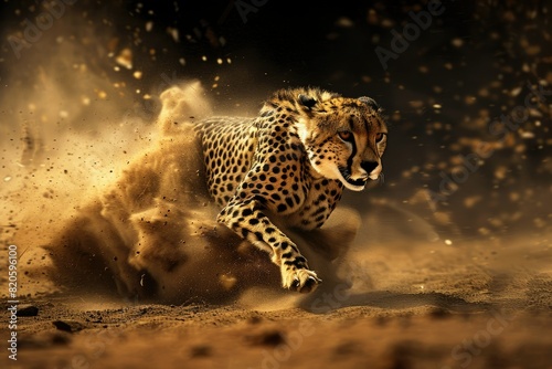 Front view of a cheetah or leopard running fast in the sandy desert. Dark background, intense gaze, full body shot. Wildlife photography concept.