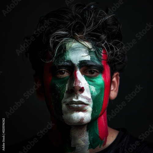Italian soccer fan with flag face paint  championship support. Job ID  b704826d-d0e2-47a3-ad81-8f8d7cbb6410