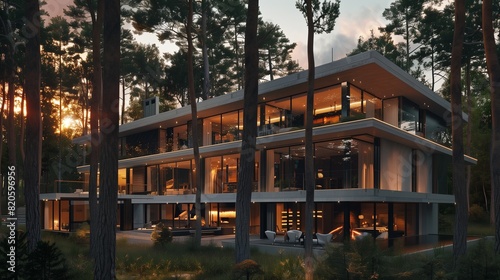 A contemporary mansion nestled in a forest clearing, its floor-to-ceiling windows aglow with the warm light of sunset filtering through the trees.