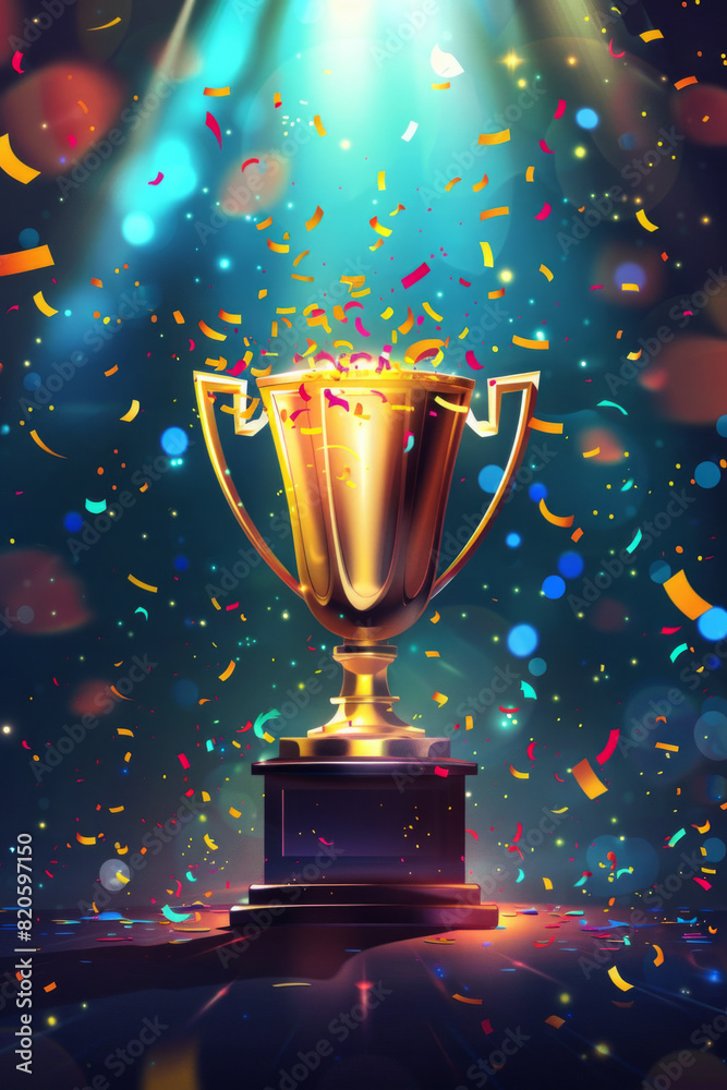 A vibrant winner background with a golden trophy and confetti falling in the background. A vibrant winner background with a golden trophy and confetti falling in the background.