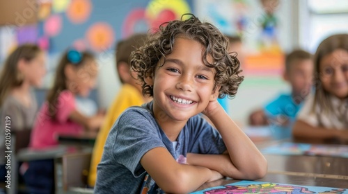 Happy child smiling in classroom with classmates. Educational concept showing a joyful learning environment in a school setting.