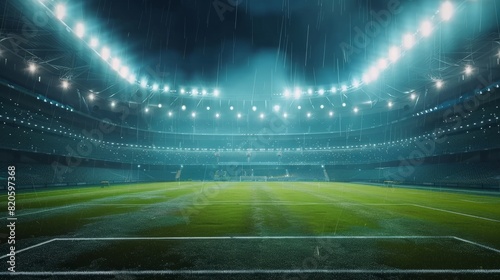 Modern soccer football stadium with floodlights cinematic background. Generative Ai photo