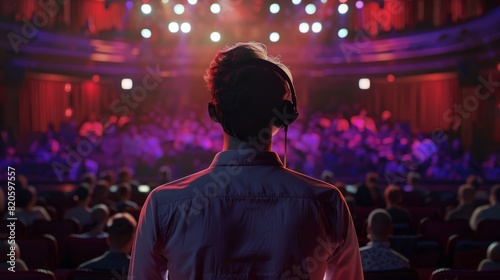 Motivational speaker with headset performing on stage, back view