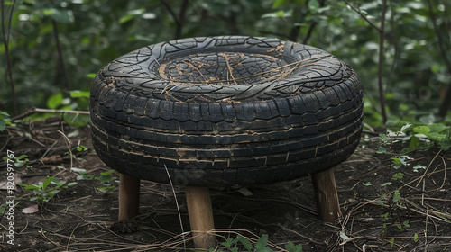 A rustic ottoman crafted from a repurposed tractor tire  offering a unique seating option for outdoor gatherings.