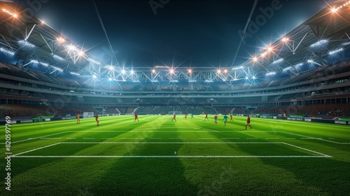 Nighttime soccer match in a brightly lit  vibrant stadium with a pristine green field