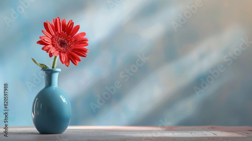 Vase with gerbera flower on table near light wall