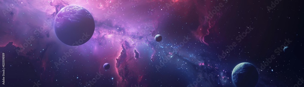 Naklejka premium Stunning deep space scene with colorful nebula, distant planets, and glowing stars, capturing the beauty and mystery of the universe.