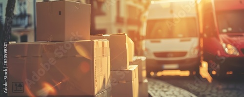 Sunlit image of parcels stacked on a street near delivery vans, representing logistics, shipping, and transportation services.