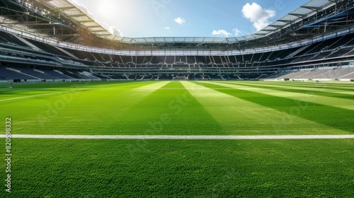 Photo of an empty soccer stadium with a vibrant green field
