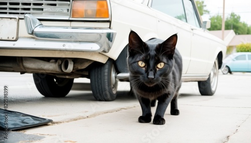 A sleek black cat stealthily walking beside a classic white car parked on a city street, exuding a sense of mystery.. AI Generation photo