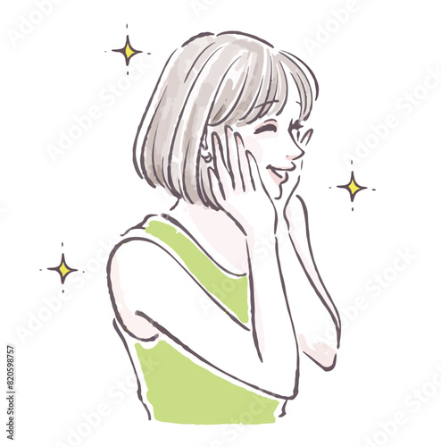 美肌 / うきうき / るんるん / ときめき / ピカピカ / キラキラ / 嬉しい / 喜ぶ / ハッピー / 幸せ / お肌の調子が良い / 美白 / アンチエイジング / 恋 / キュン / わーい / 女性 / 女の子 / イラスト素材