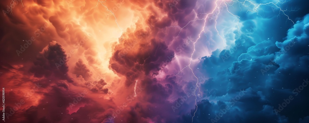 Vibrant abstract artwork showcasing a dramatic sky split with fiery red clouds on one side and cool blue on the other.