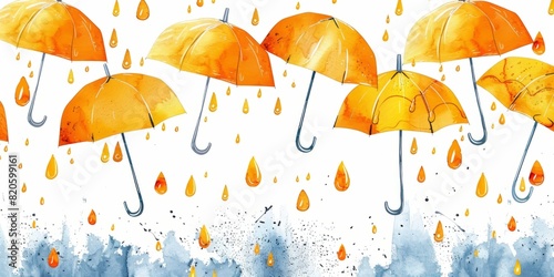 Hand drawn with orange yellow umbrellas on white background. Rain raindrops fall weather rain, april showers design, funny cartoon seasonal print, spring elements, fabric fashion print. illustration