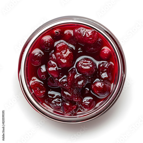 Cranberry jam in a jar  top view  isolated on white background
