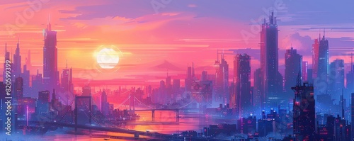 A futuristic cityscape where skybridges connect towering arcologies, creating a layered metropolis of gleaming steel and glass.   illustration.