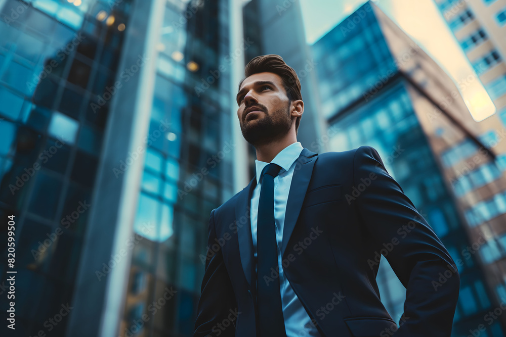 Confident businessman in a suit stands before glass skyscrapers Confident businessman in a suit stands before glass skyscrapers
