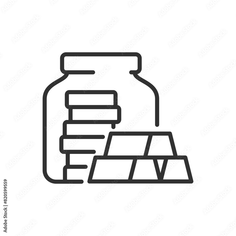 Savings, linear icon. Gold bars and jar. Line with editable stroke Savings, linear icon. Gold bars and jar. Line with editable stroke