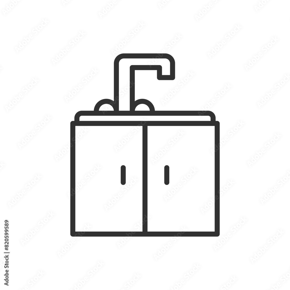Cupboard with tap and basin, linear icon. Line with editable stroke Cupboard with tap and basin, linear icon. Line with editable stroke