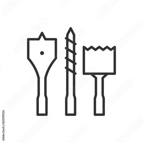 Different types of drill bits, linear icon. Line with editable stroke
