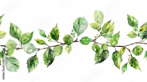 Seamless rim with watercolor tree alder on white background. Hand-drawn green bush with leaves and buds. Nature branch for invite card, wedding celebration and sticker. Border for wallpaper wrapping photo