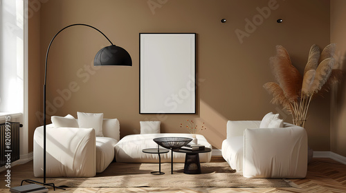 Frame mockup. Brown symbolizes prudence, protection, comfort, and material wealth, modern living room. Generative AI photo