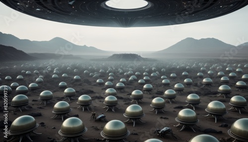 An eerie landscape depicting numerous dome-shaped alien harvesters on a barren desert under an imposing spacecraft.. AI Generation photo