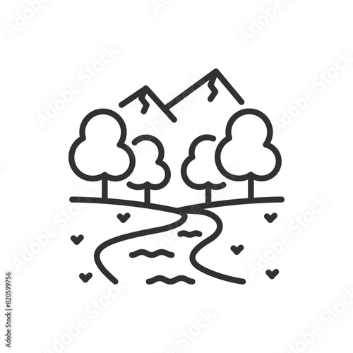 Natural landscape, linear icon. Mountains, trees in a clearing and a river. Line with editable stroke