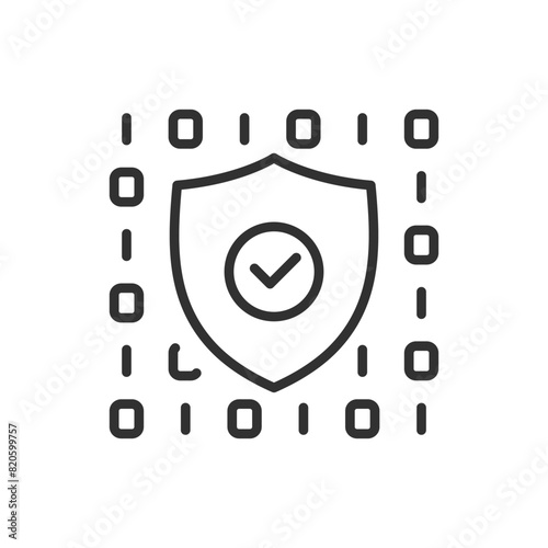 Cybersecurity, linear icon. Protection and security of information and computer code. Binary code and shield. Line with editable stroke