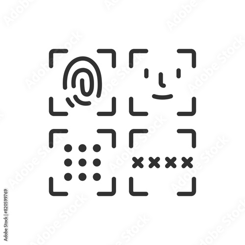 Types of security and authentication, linear icon. Protection and security. Fingerprint, face identification, graphical key, password. Line with editable stroke