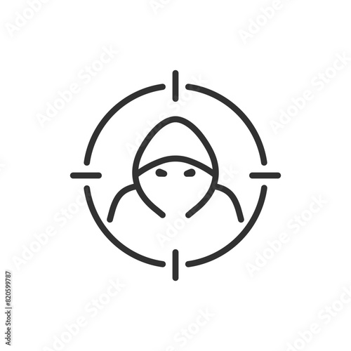 Cybersecurity, security against hacking. Combating cybercrime. Hacker in the crosshairs, man in the hood. Line with editable stroke