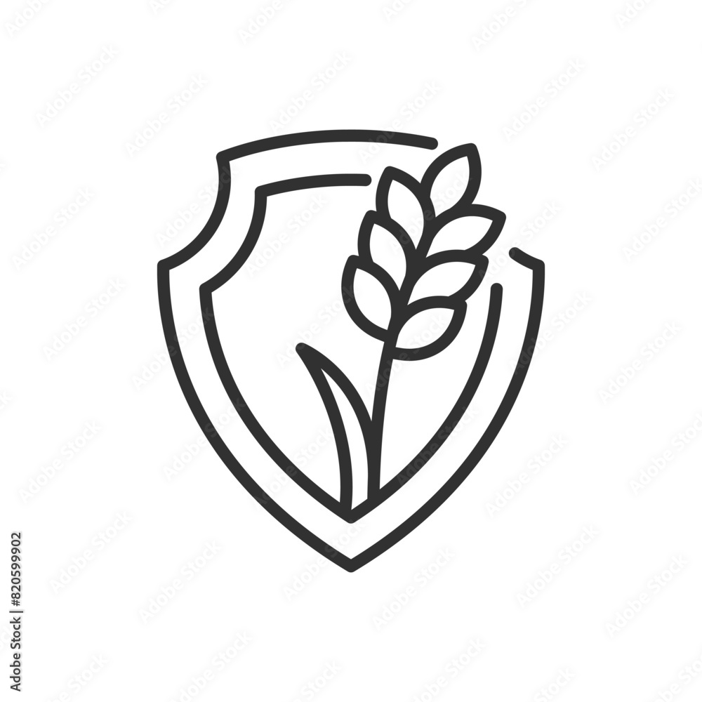 Protecting the crop, linear icon. Shield and wheat. Agriculture. Line with editable stroke Protecting the crop, linear icon. Shield and wheat. Agriculture. Line with editable stroke