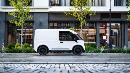 Side view of white modern electric delivery car on the street in city. Concept of eco-friendly transport and sustainable energy. © Business Pics