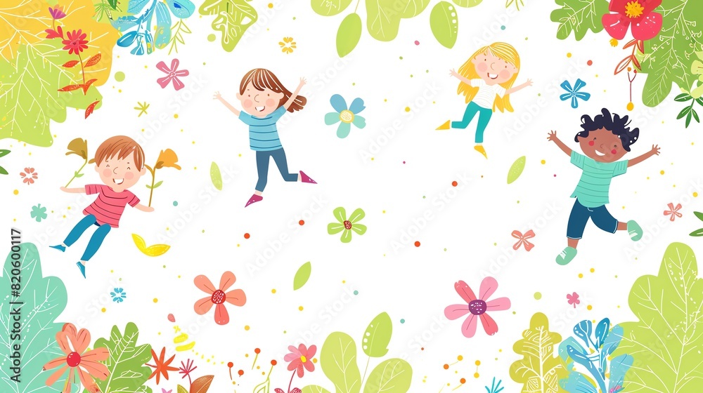 Four children are playing in a field of flowers. They are all smiling and look happy. The sun is shining, and the birds are singing. It is a perfect day to be outside. Four children are playing in a field of flowers. They are all smiling and look happy. The sun is shining, and the birds are singing. It is a perfect day to be outside.